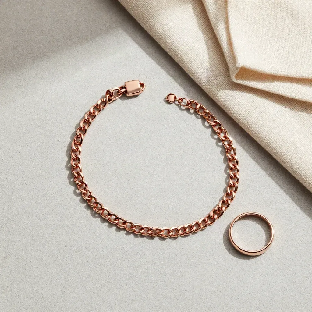 Bracelet maillon rosé en flatlay avec tissu crème et anneau lisse sur pierre mate.