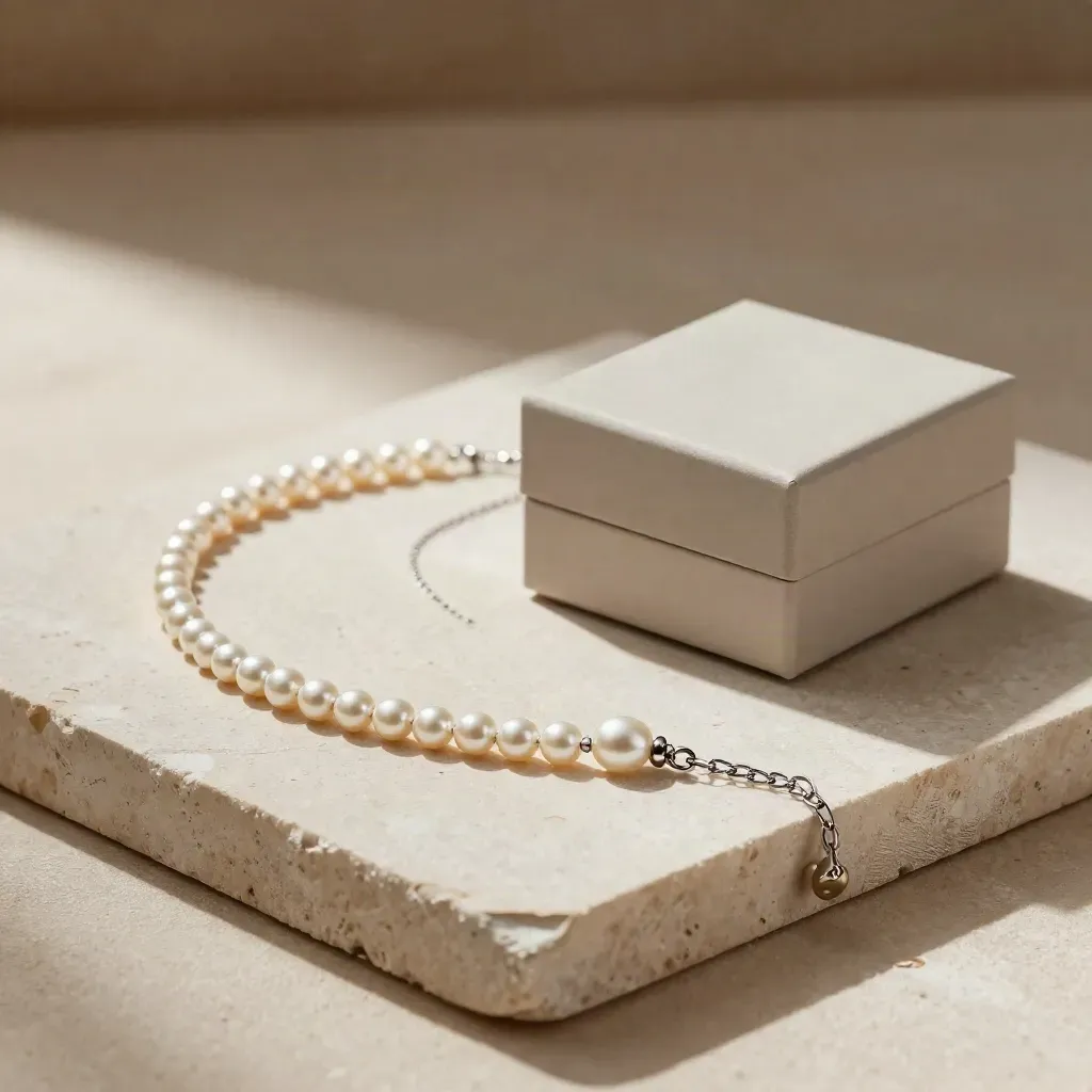 Collier perlé, bracelet fin et coffret sur pierre ivoire, style studio luxe.