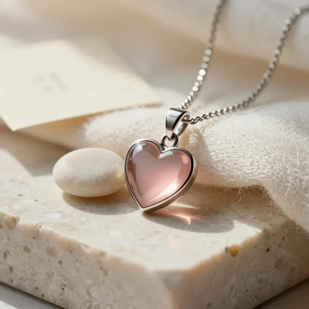 Pendentif cœur poli sur travertin avec laine claire et galet pâle, lumière douce.