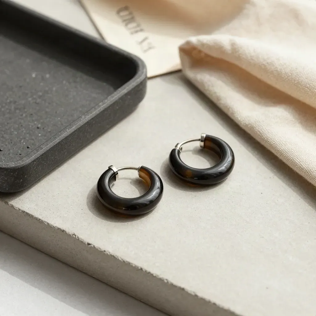 Créoles onyx sur dalle claire avec plateau graphite et tissu écru.
