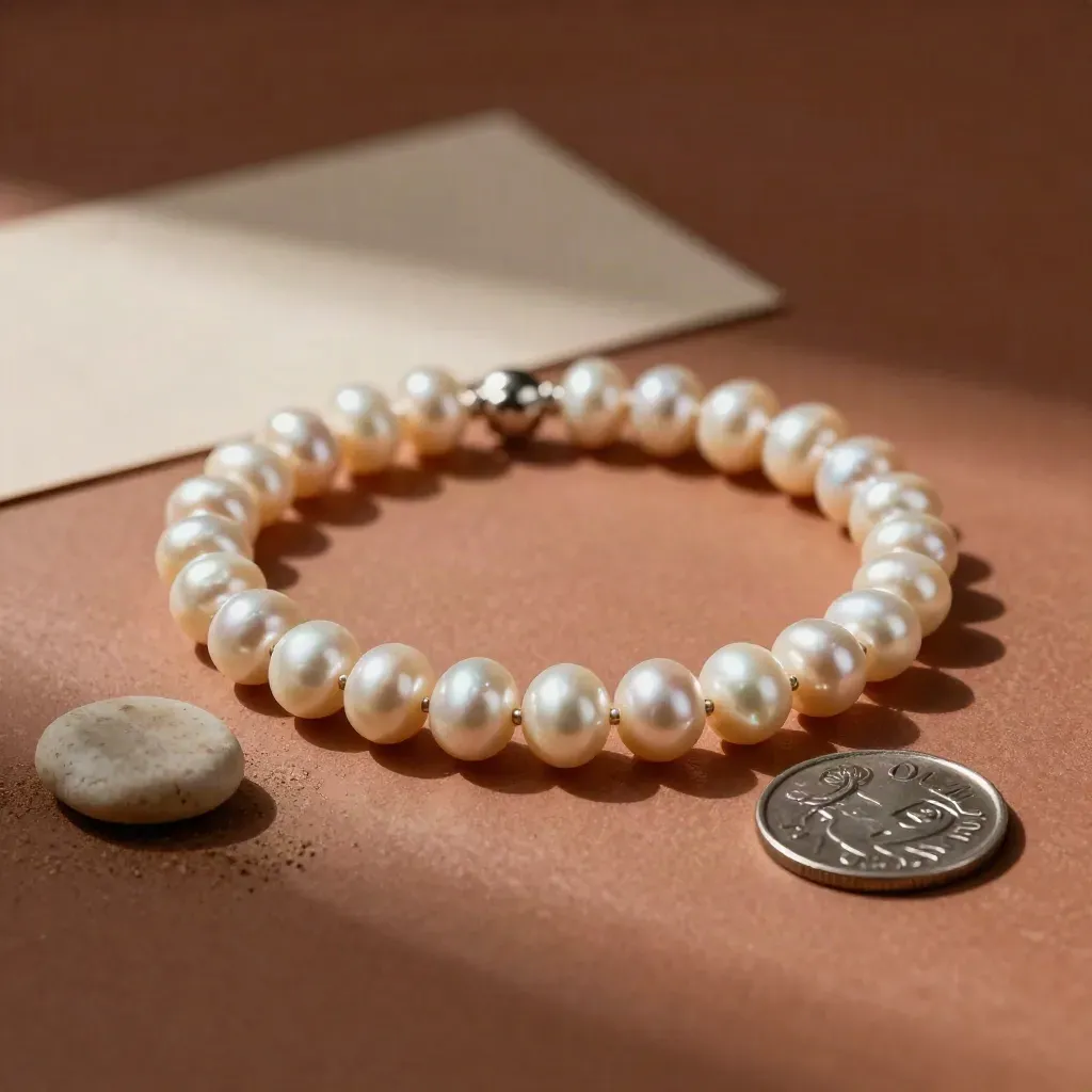 Bracelet de perles nude posé sur pierre sable et métal mat, lumière dramatique.