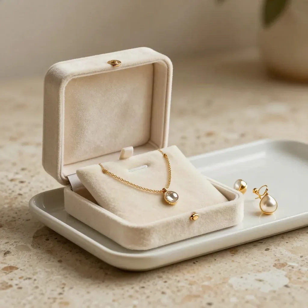 Coffret cadeau ouvert avec collier et boucles, posé sur linge crème et plateau clair.