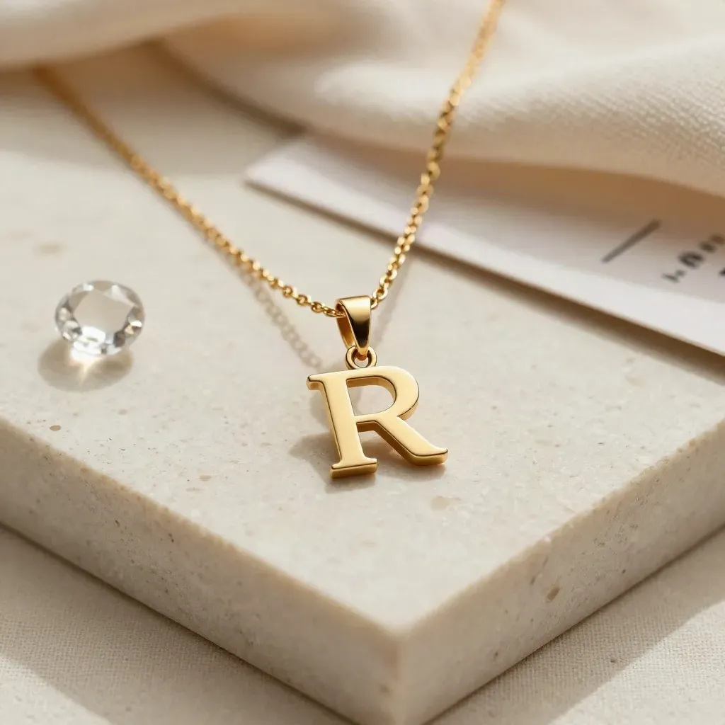 Collier lettre doré sur lin ivoire et travertin, avec petite pierre claire.