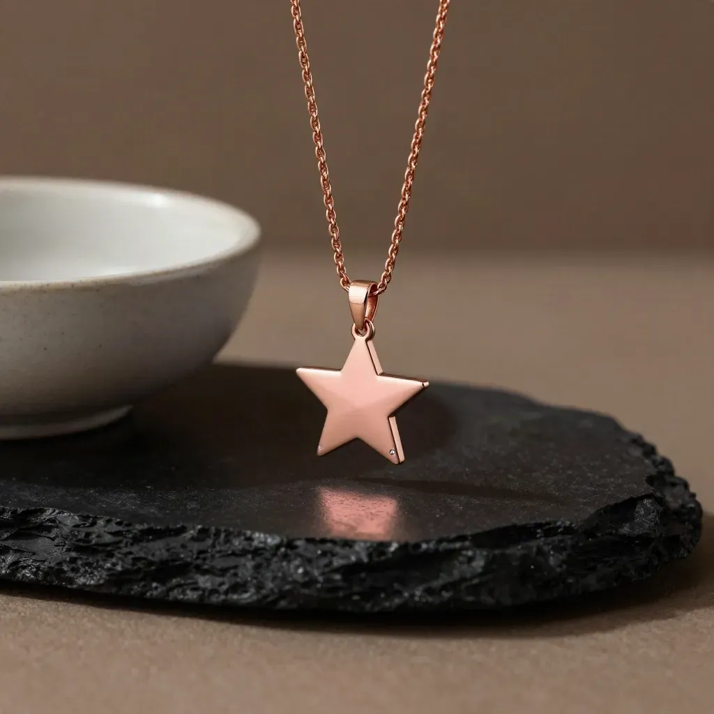Pendentif étoile délicat avec chaîne légère sur pierre noire, lumière douce et reflet poudré.