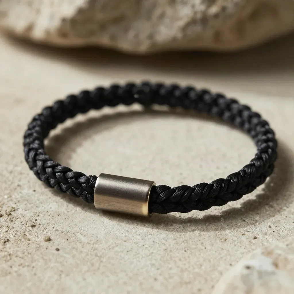 Bracelet cordon noir en macro sur béton pâle avec petite pierre brute, lumière douce.