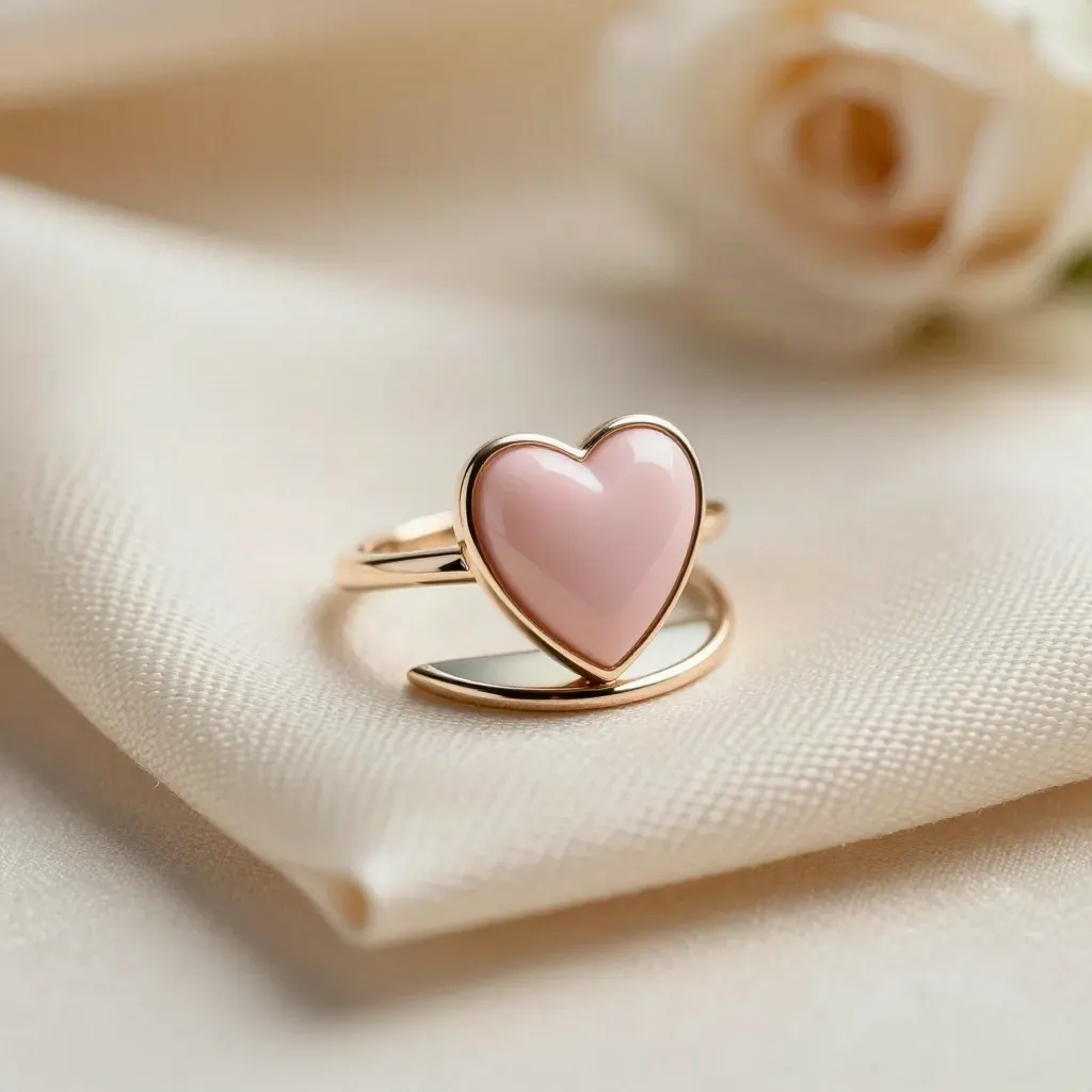 Bague cœur rose sur tissu crème plissé, lumière douce champagne et ambiance luxueuse.