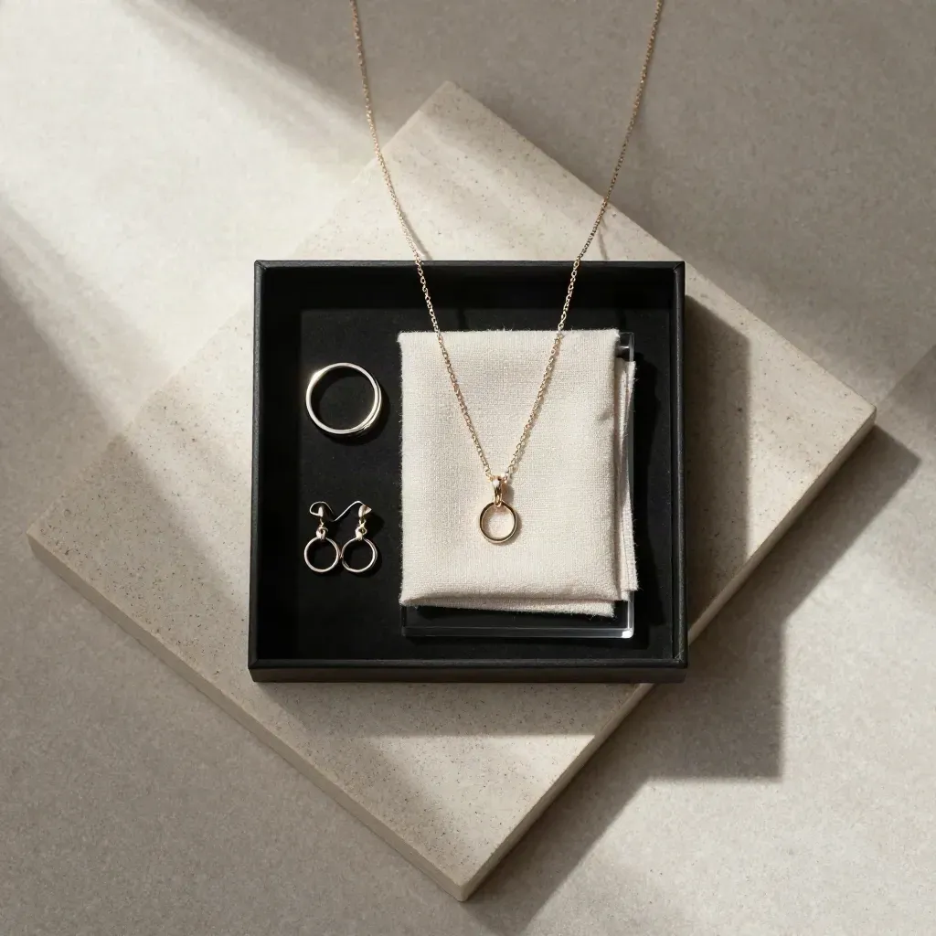 Coffret trio bijoux ouvert sur plâtre clair, bague, collier et boucles en flatlay soigné.