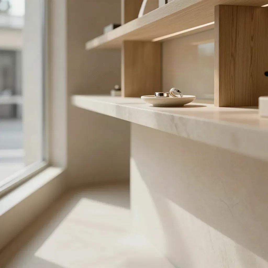 Galerie lumineuse avec deux bagues fines sur marbre crème, intérieur clair et calme.