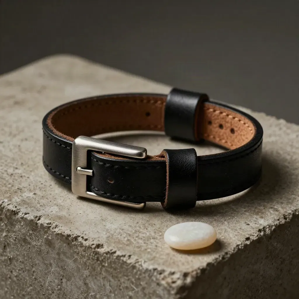 Bracelet homme en cuir noir sur béton et laine sombre, avec fermoir acier et galet clair.