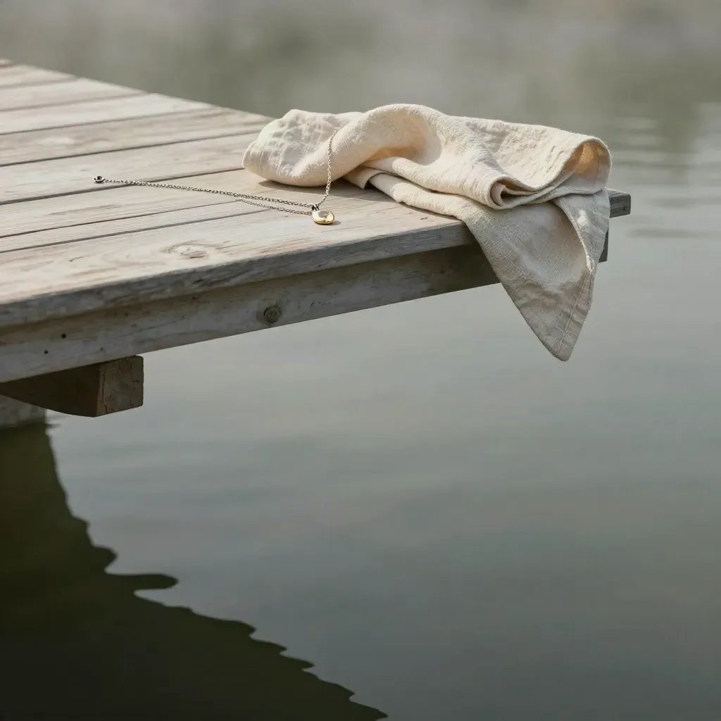 Plateforme en bois clair au bord d’une eau calme, collier délicat et linge neutre dans la brume.