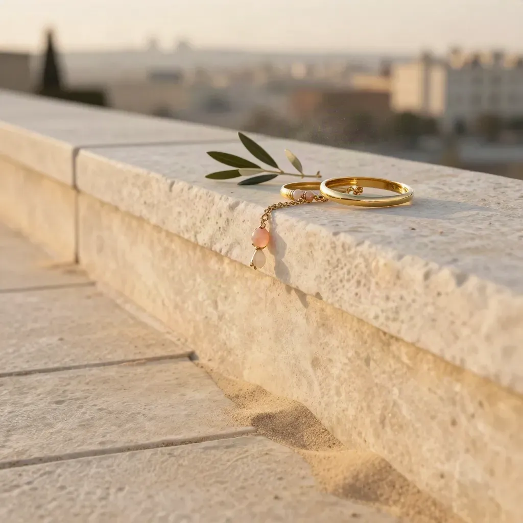 Terrasse en grès blond avec deux bracelets et une feuille d’olivier floue au soleil couchant.