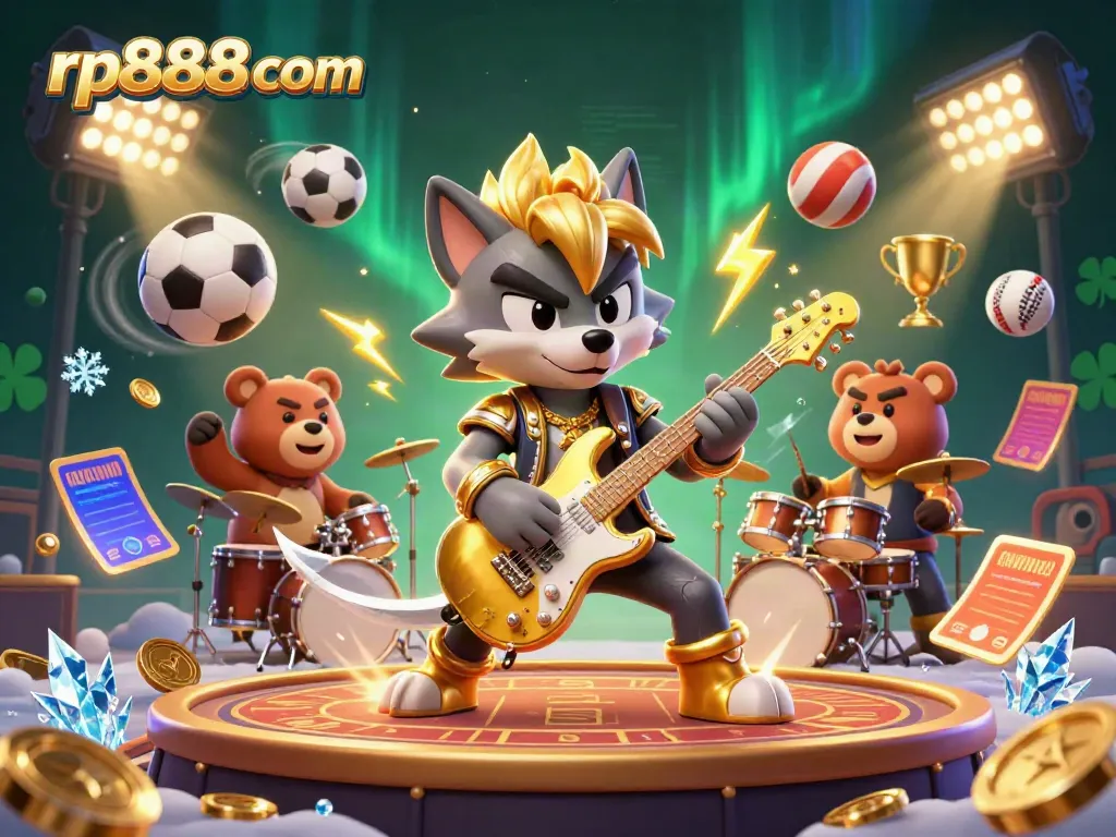 Experience the thrill of rp888 com with a dynamic casino scene of rock star wolf and drummer bear.
