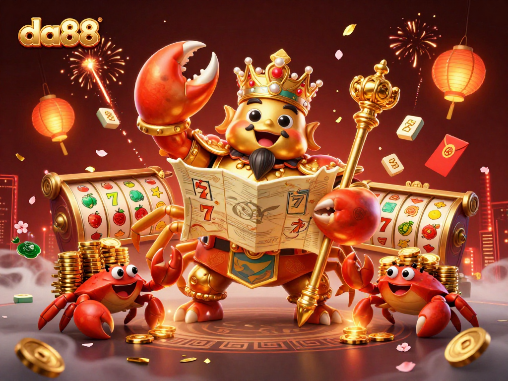 Engage with the vibrant da88 scene featuring a golden crab emperor and dynamic casino elements.