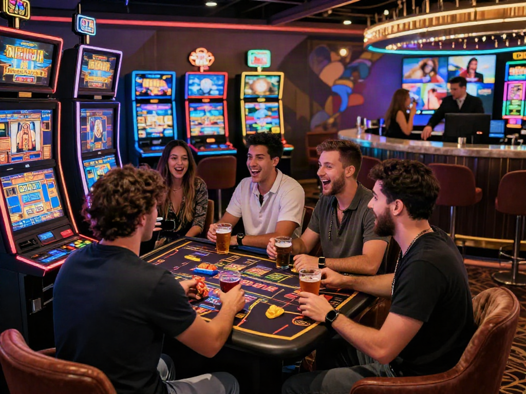 Scène animée de casino français en ligne avec des amis jouant et s'amusant dans un cadre moderne.