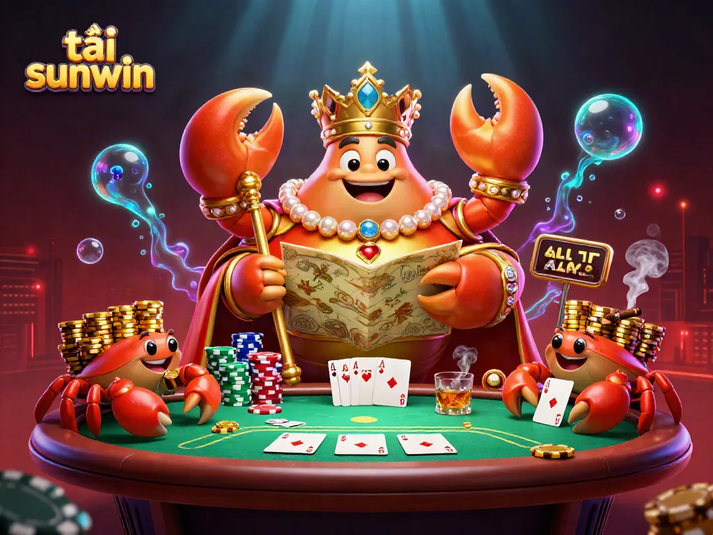 Tải sunwin with a golden crab emperor amidst an opulent poker scene filled with vibrant colors and detail.