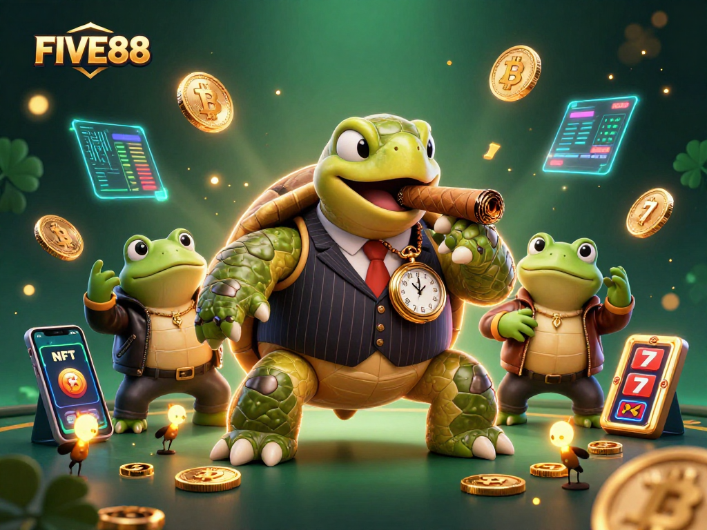 Bet on excitement with FIVE88's vibrant casino-themed 3D illustration depicting a snapping turtle and bullfrogs.