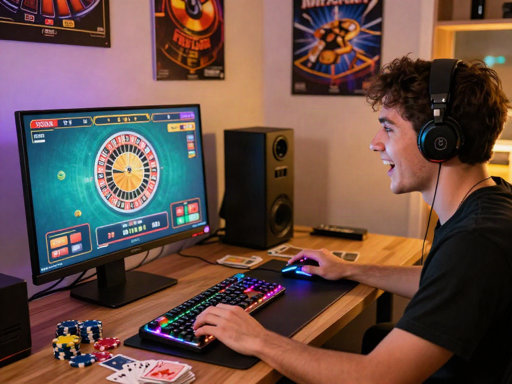 Un joueur passionné de casino français en ligne devant son écran d'ordinateur, entouré de jetons et de cartes.