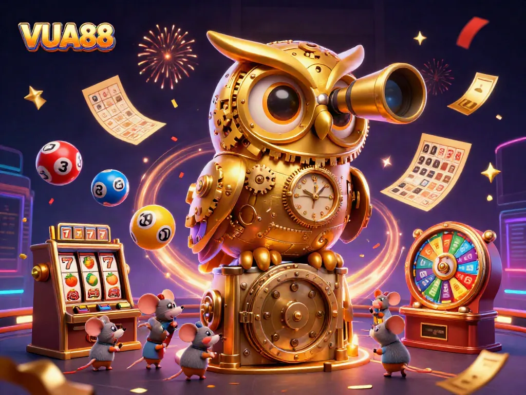 Experience the vibrant excitement of VUA88 casino games with an enchanting owl overseeing lively action.