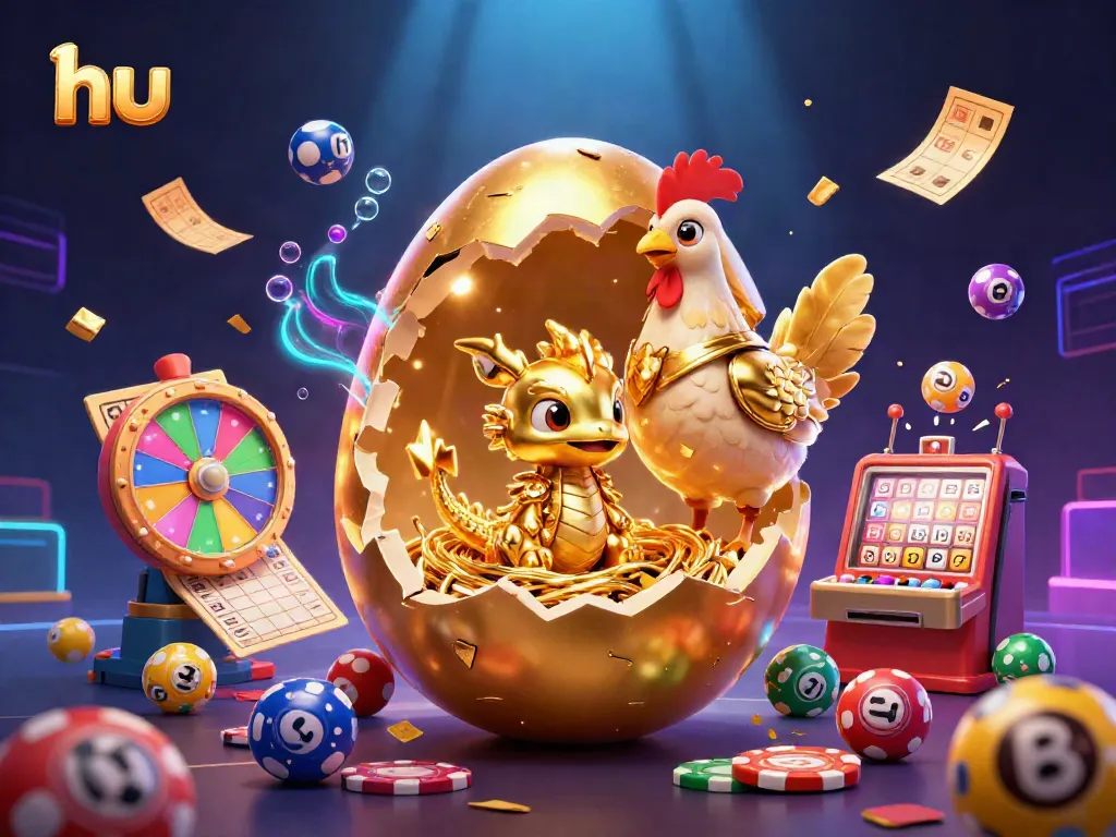 Experience thrilling gameplay at hu with a baby dragon and golden egg amidst casino treasures.