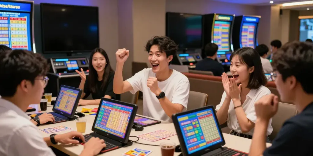 Semua perayaan kemenangan di ruang lounge modern dengan hasil livedraw toto macau dan tiket lotere.