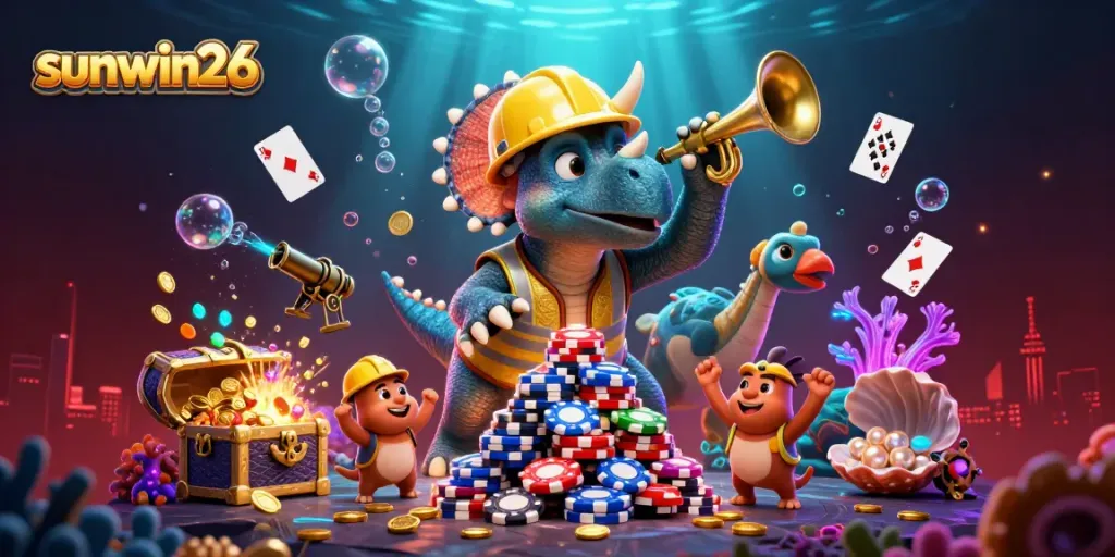 Win big with sunwin26 in a vibrant 3D scene featuring celebratory dinosaurs and casino elements.