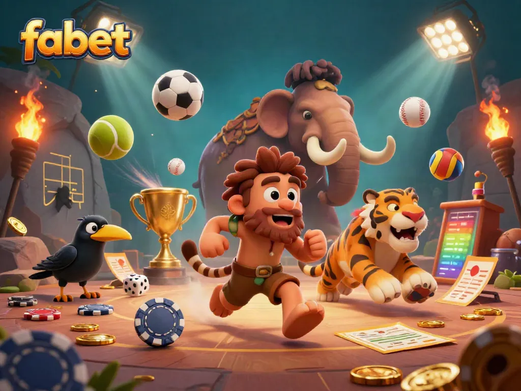 Experience the excitement of fabet’s casino with a vibrant 3D scene showcasing a caveman and sabertooth tiger duo.