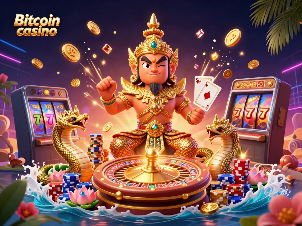 Jouez au Bitcoin casino avec des personnages animés entourés de jetons et de jeux de casino dynamiques.