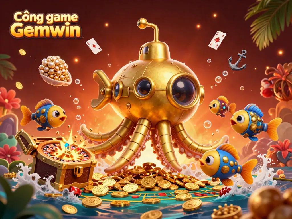 Experience Cổng game Gemwin with a vibrant underwater treasure hunting scene featuring a golden kraken submarine and mechanical fish.