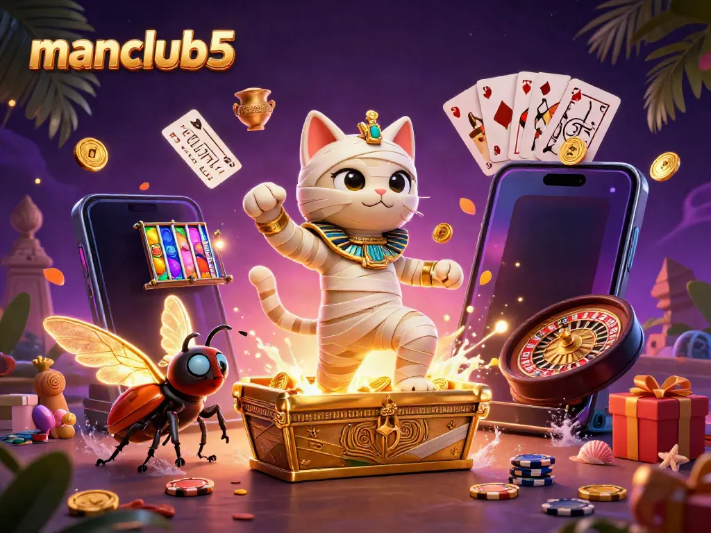 This vibrant scene illustrates manclub5's exciting casino experience with unique characters and slot gaming elements.