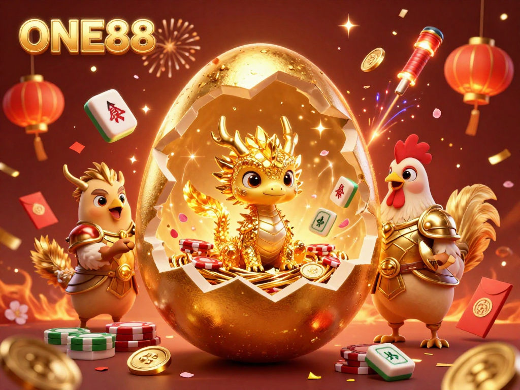 Engage in gaming excitement with ONE88's golden dragon amidst sparkling casino treasures.