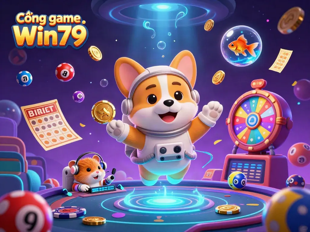 Engage with Cổng game Win79 as a 3D cartoon astronaut corgi explores a cosmic casino, with vibrant game elements.