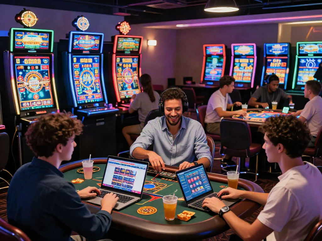 Casino français en ligne avec des joueurs profitant d'une expérience de jeu virtuelle dans une atmosphère festive.