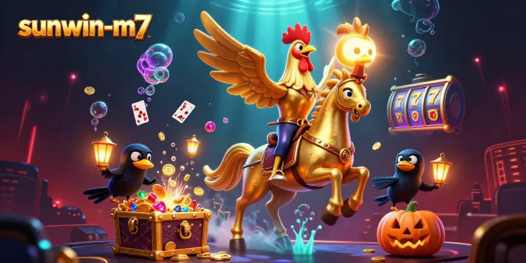sunwin-m7 casino scene featuring a golden rooster and underwater treasures in a midnight atmosphere