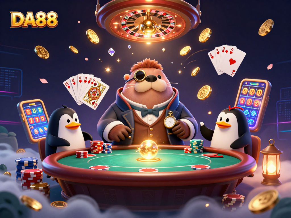 Experience thrilling gameplay with DA88's underwater poker scene featuring a charming walrus and vibrant casino elements.