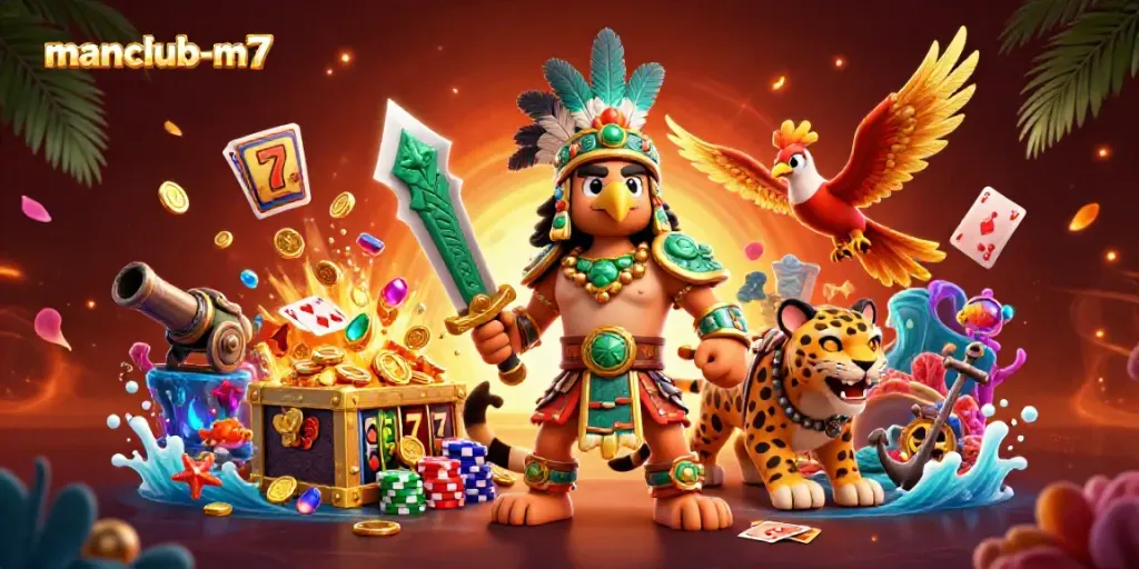 Experience thrilling adventures with manclub-m7 in a vibrant 3D casino scene bursting with excitement and elements.
