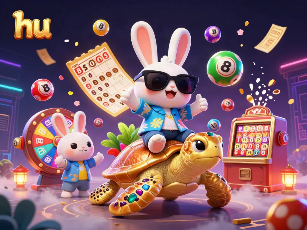 Experience thrilling excitement at hu with a vibrant illustration of a lucky rabbit, golden turtle, and dynamic gaming elements.