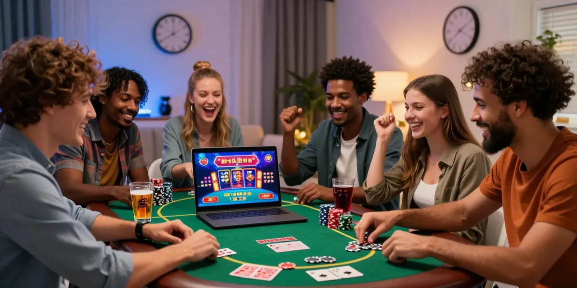 Amis jouant ensemble à un casino français en ligne, entourés de jetons et de cartes dans un salon animé