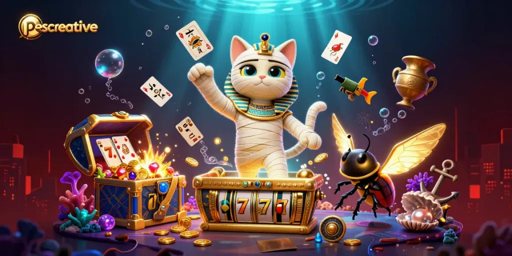 Experience thrilling wins at pescreative with vibrant mummy cat characters in a pyramid casino.