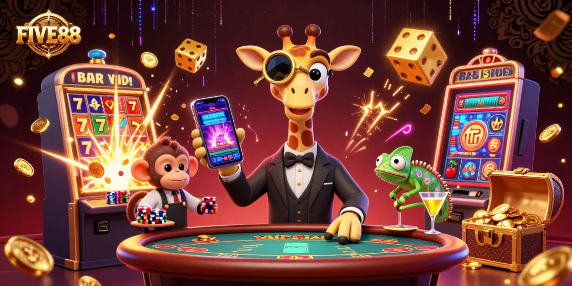 Experience the excitement of FIVE88 with a vibrant casino scene featuring thrilling characters and games.