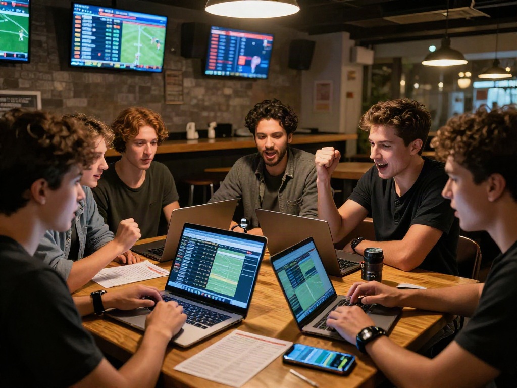 Les meilleurs sites de paris sportifs analysés par des passionnés dans un bar moderne.