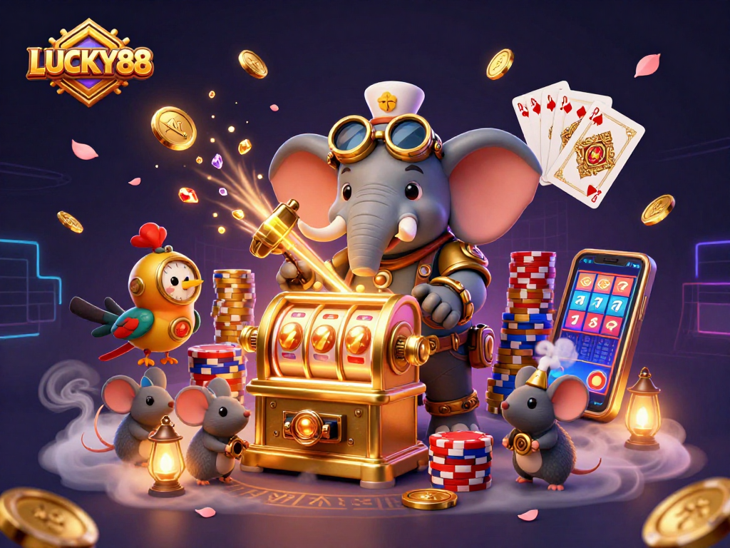 LUCKY88 showcases a vibrant, dynamic 3D scene with an elephant engineer powering a golden slot machine amidst flying coins and sparkling gems.