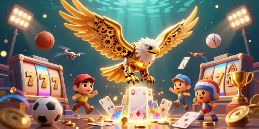 Experience thrilling slot bonus action with a cybernetic eagle navigating through vibrant gaming elements.