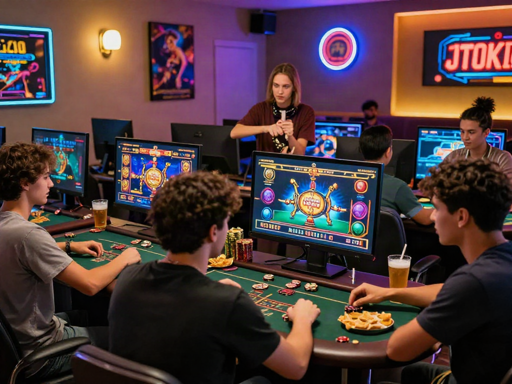 Groupe d'amis jouant sur un casino français en ligne avec des jeux colorés et une ambiance chaleureuse.