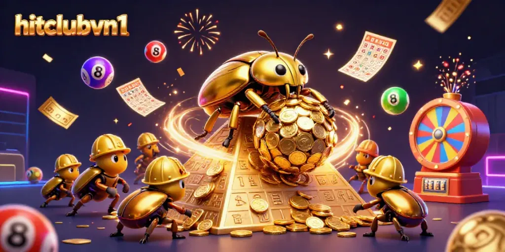 Engage in thrilling lottery excitement with hitclubvn1’s vibrant 3D illustration showcasing action-packed casino elements.