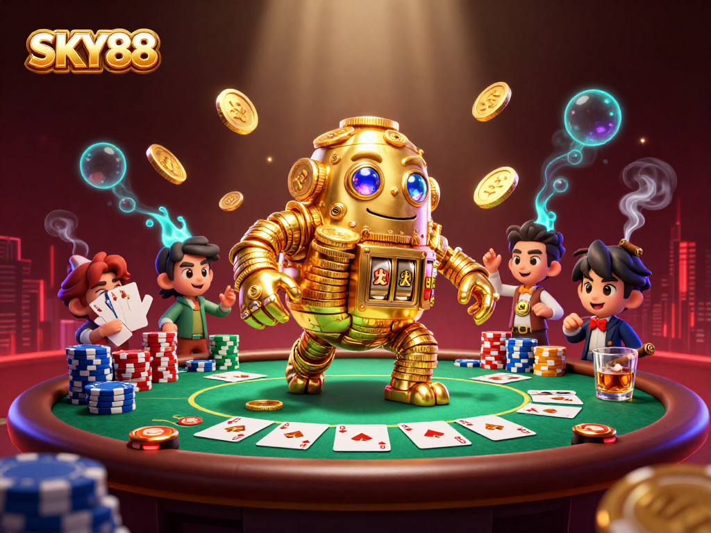 Engage in thrilling action at SKY88 with a dynamic scene featuring a golden golem and poker elements.