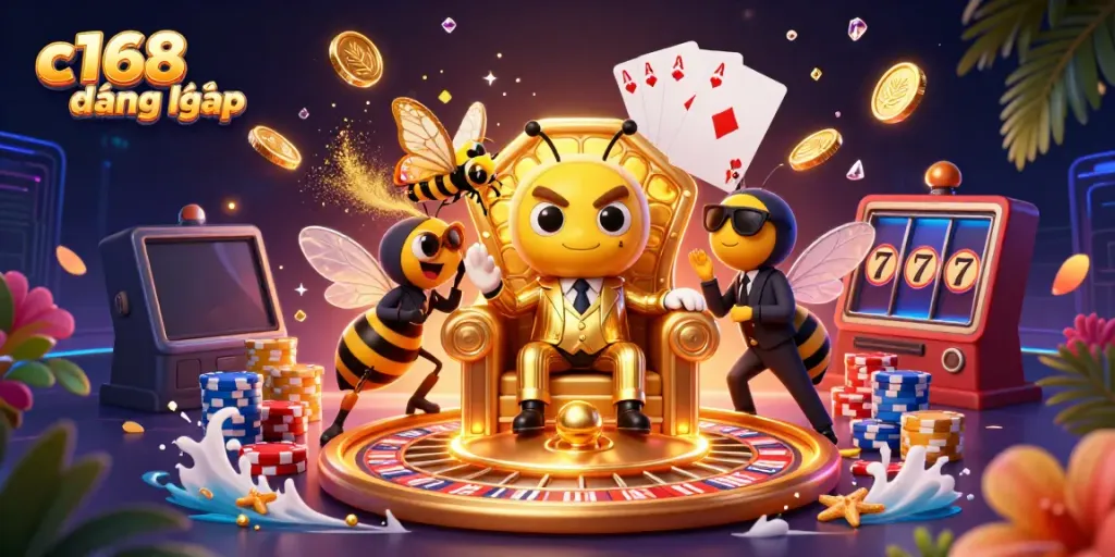 Experience thrilling gameplay at c168 đăng nhập surrounded by vibrant casino elements like colorful poker chips and spinning roulette.