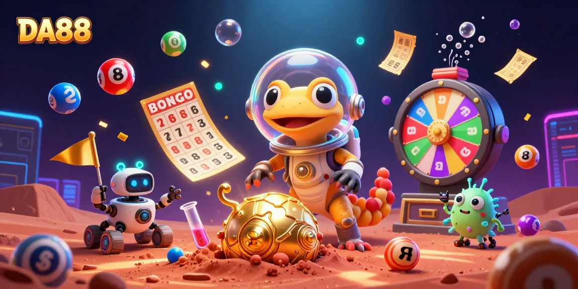 DA88 casino lottery scene with a Martian gecko, thrilling games, vibrant colors, and unique elements.
