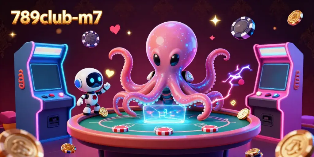 Experience thrilling poker action at 789club-m7 with an alien octopus amidst vibrant gaming elements.