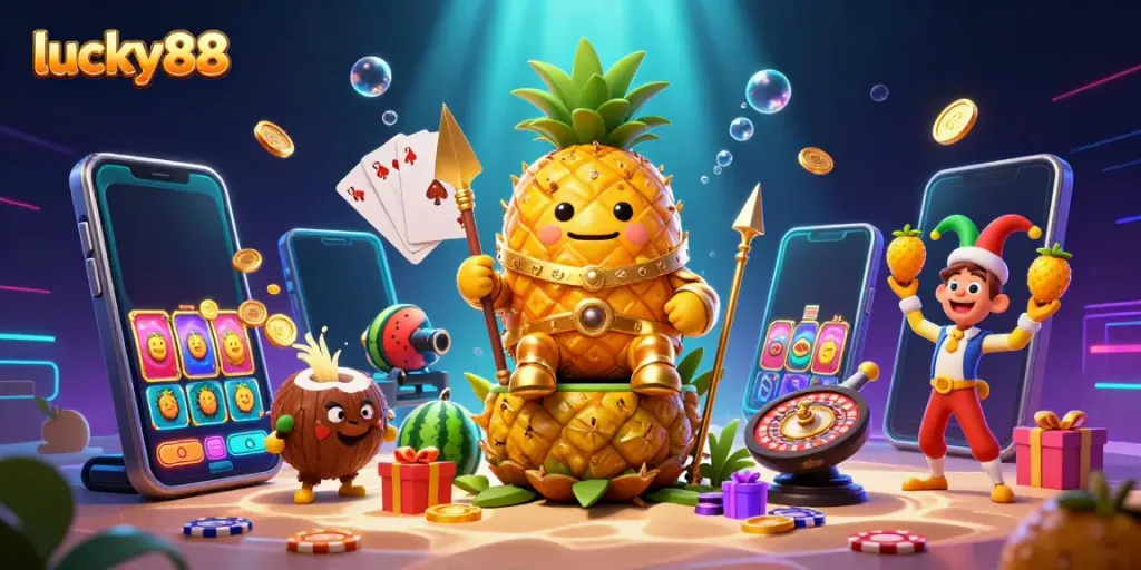 Win big with lucky88 in this vibrant beach casino scene featuring a golden pineapple king.