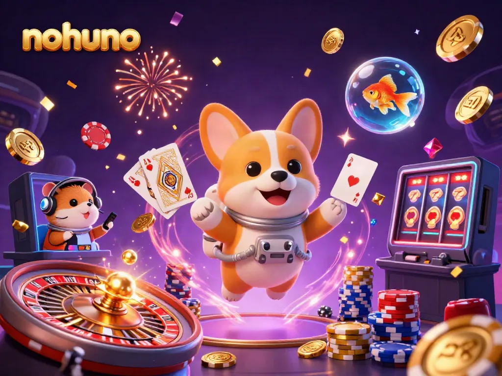 Experience excitement at nohuno with a floating astronaut corgi and dazzling casino elements in a vibrant 3D space scene.